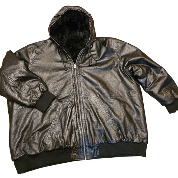Black 100% Leather Faux Fur Lined EXCELLED Bomber Jacket sz 5XL - Picture 1 of 8